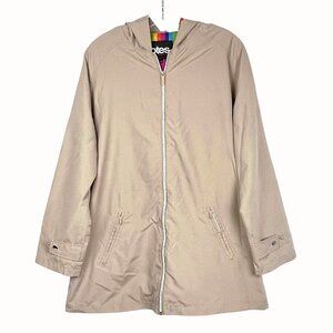 Totes Womens Size Large Beige Hooded Rain Jacket Rainbow Lining Full Zip EUC